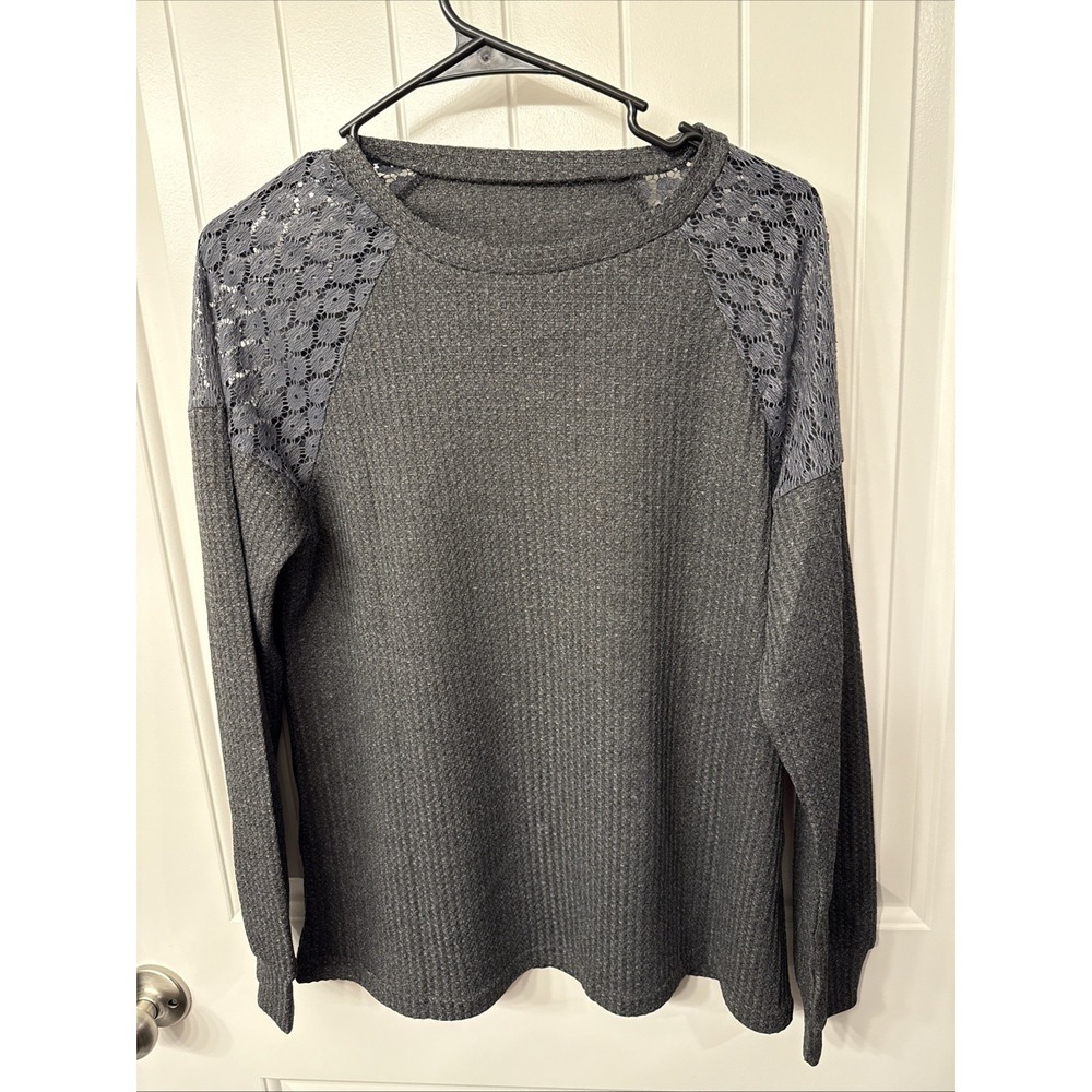 Gray Knit Cotton Blend Top with Lace Raglan Long Sleeves for Women Size M